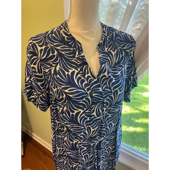 H & M Womens Midi Dress Small Short Sleeves V Neck Beachy Coastal Blue White - Picture 3 of 9